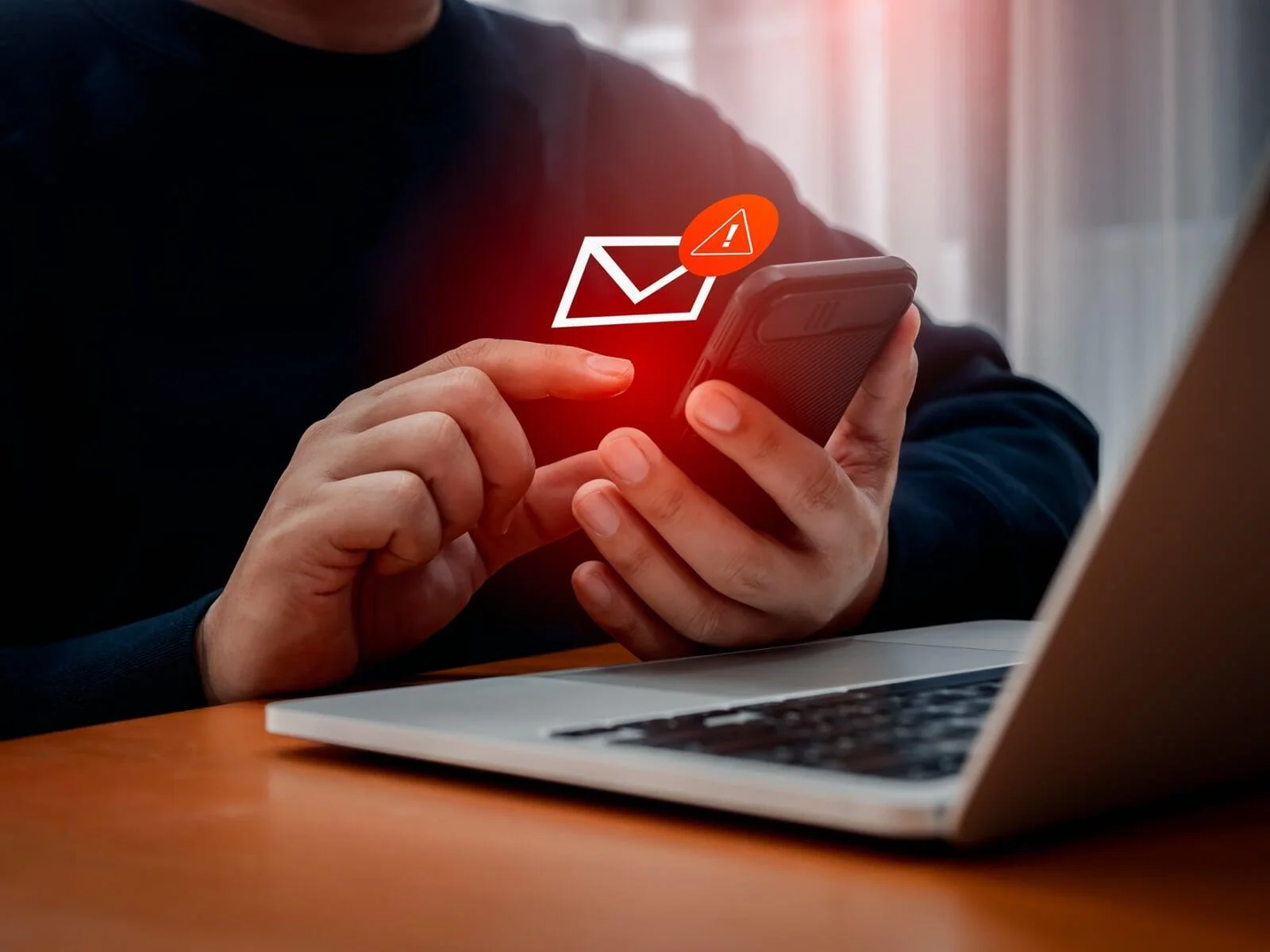 Person holding a smartphone with an email warning symbol, representing the anti-phishing and proactive filtering of Gmail Security Services for Small Business.