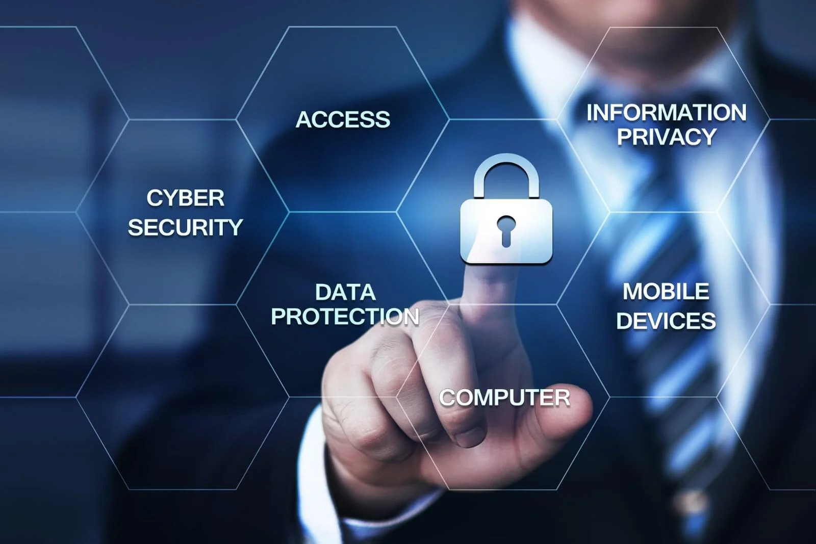 Man pointing at a glowing digital lock icon surrounded by security terms, symbolizing advanced network security solutions.