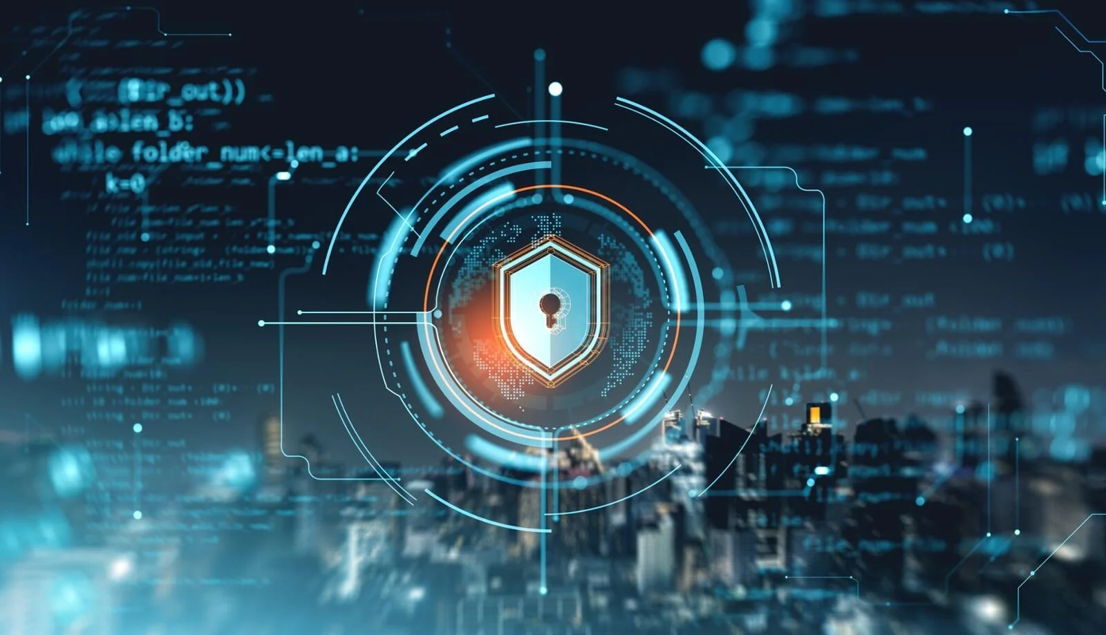 Digital shield icon and code overlay on a blurred cityscape, symbolizing network security and data breach prevention.