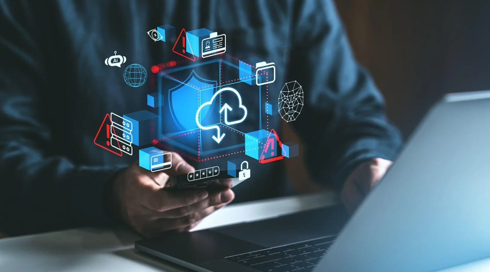 Person interacting with a glowing cloud icon on a security dashboard, symbolizing advanced Secure File Storage and Transfer Solutions.