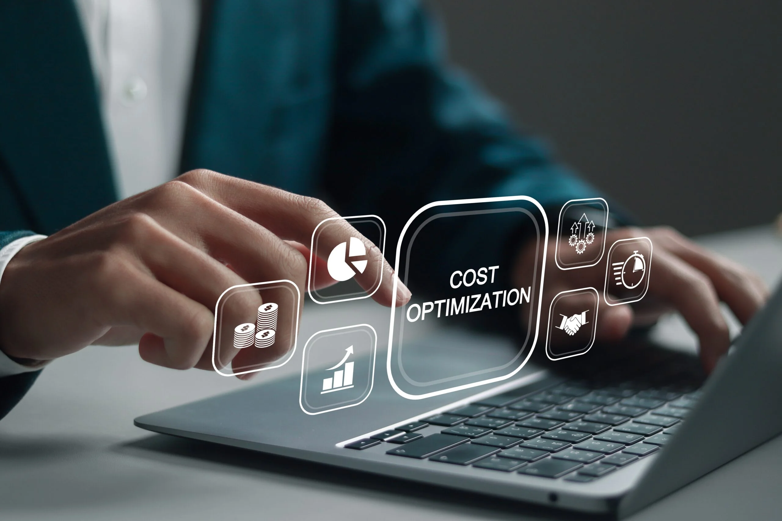 A professional interacting with a "Cost Optimization" holographic interface on a laptop, symbolizing the financial management required for smart cloud cost optimization for small businesses.