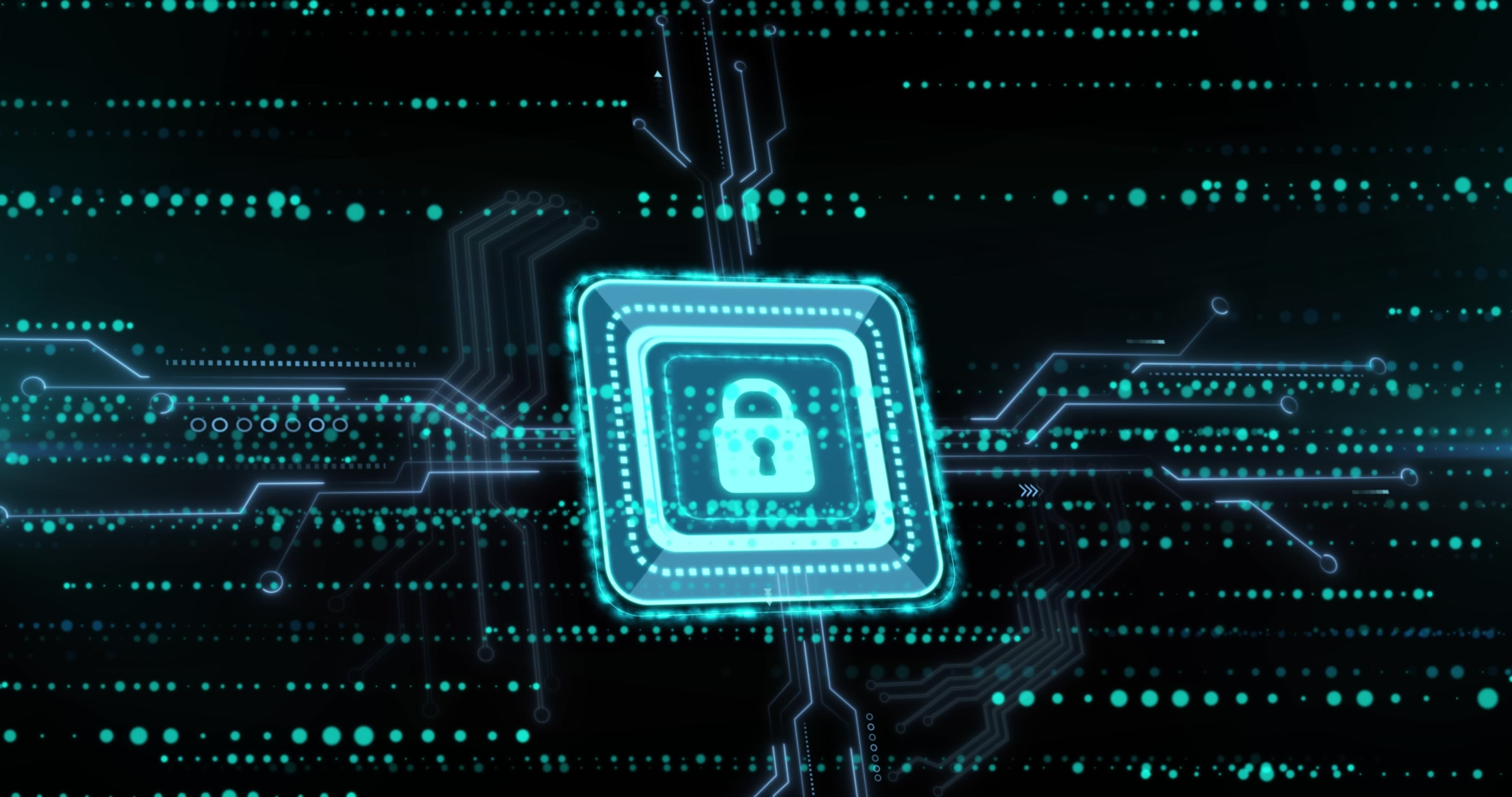 A cyan digital padlock icon on a circuit board background, representing the technical infrastructure needed for supply chain security for small businesses.