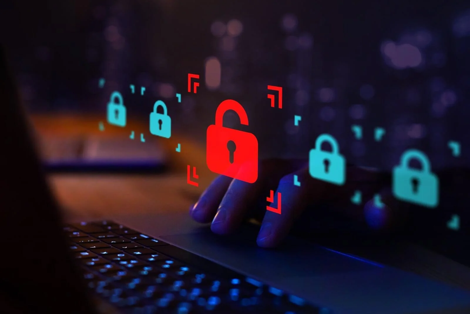 Hand interacting with holographic screens showing red security warnings, illustrating the immediate analysis required for what to do after a data breach.