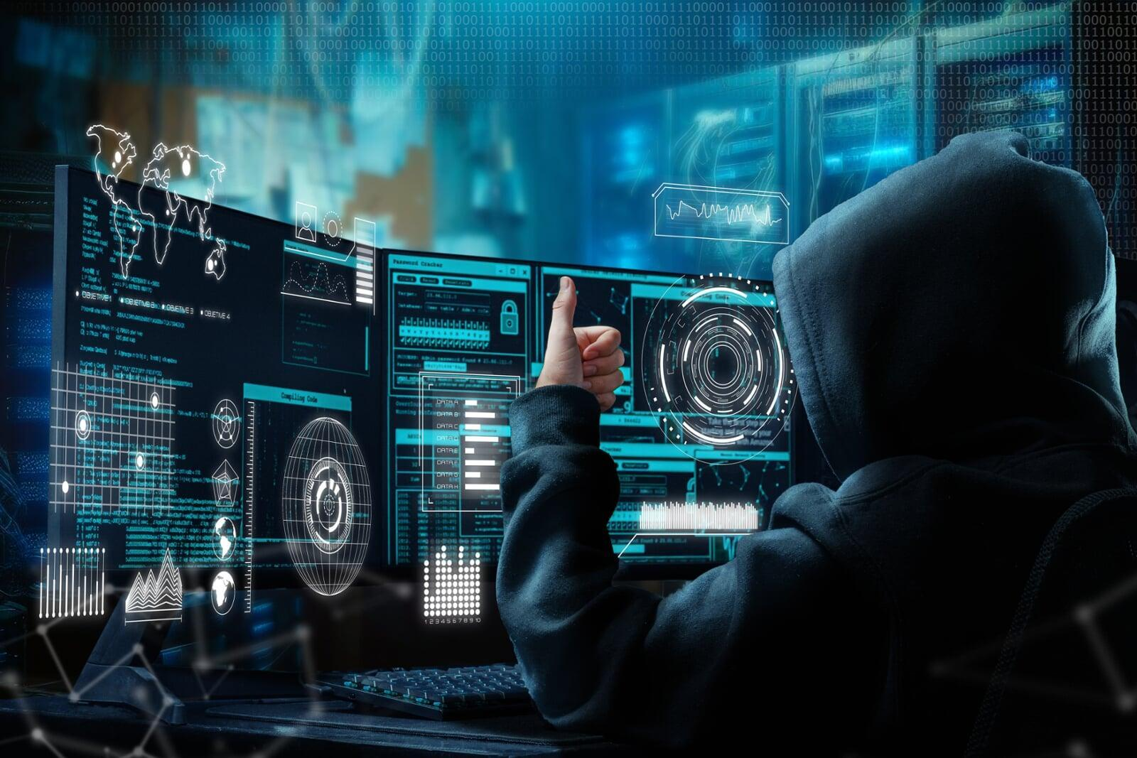 Man pointing at a glowing digital lock icon surrounded by security terms, symbolizing password manager benefits for data protection.