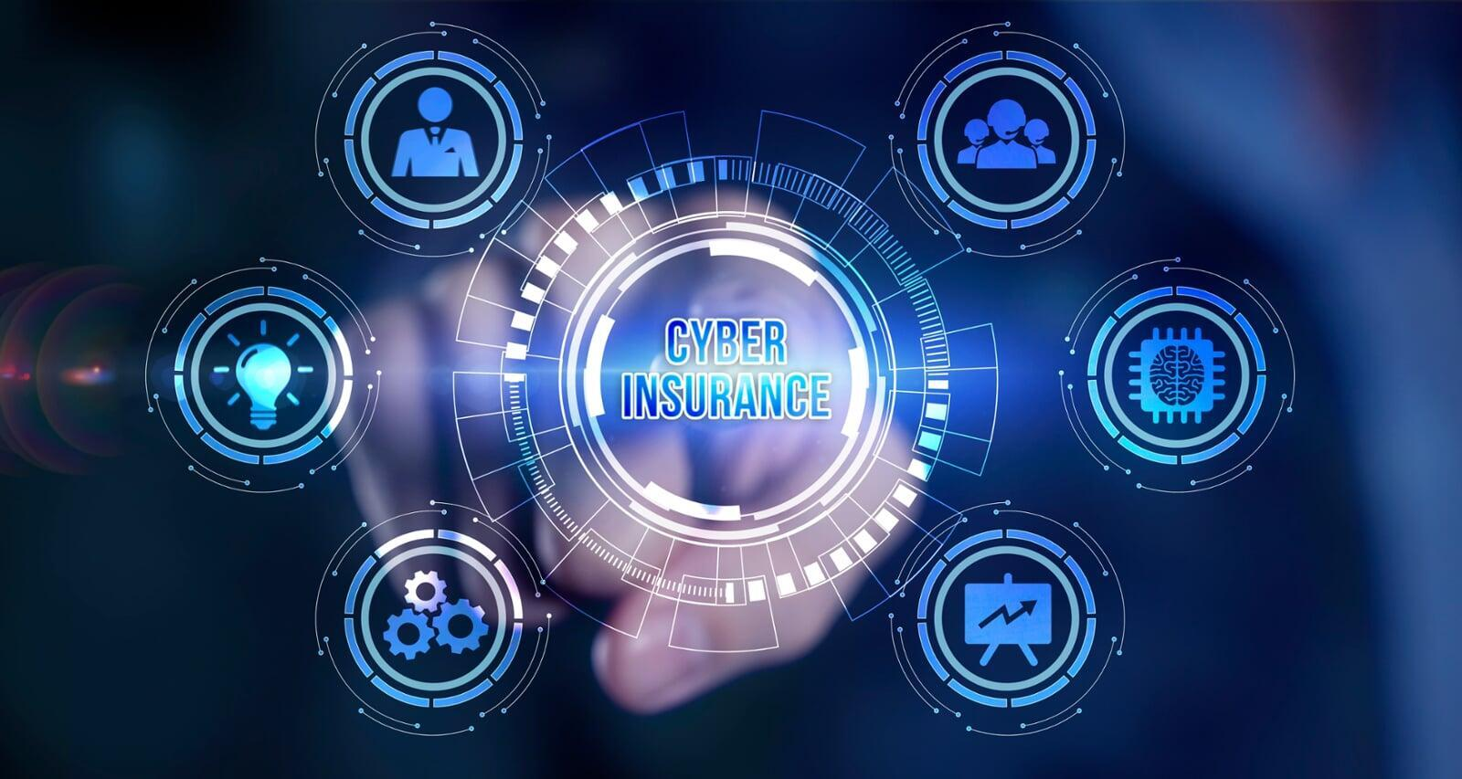 Hand touching a holographic “CYBER INSURANCE” icon surrounded by security and data icons, symbolizing Cyber Insurance for Small Business protection.