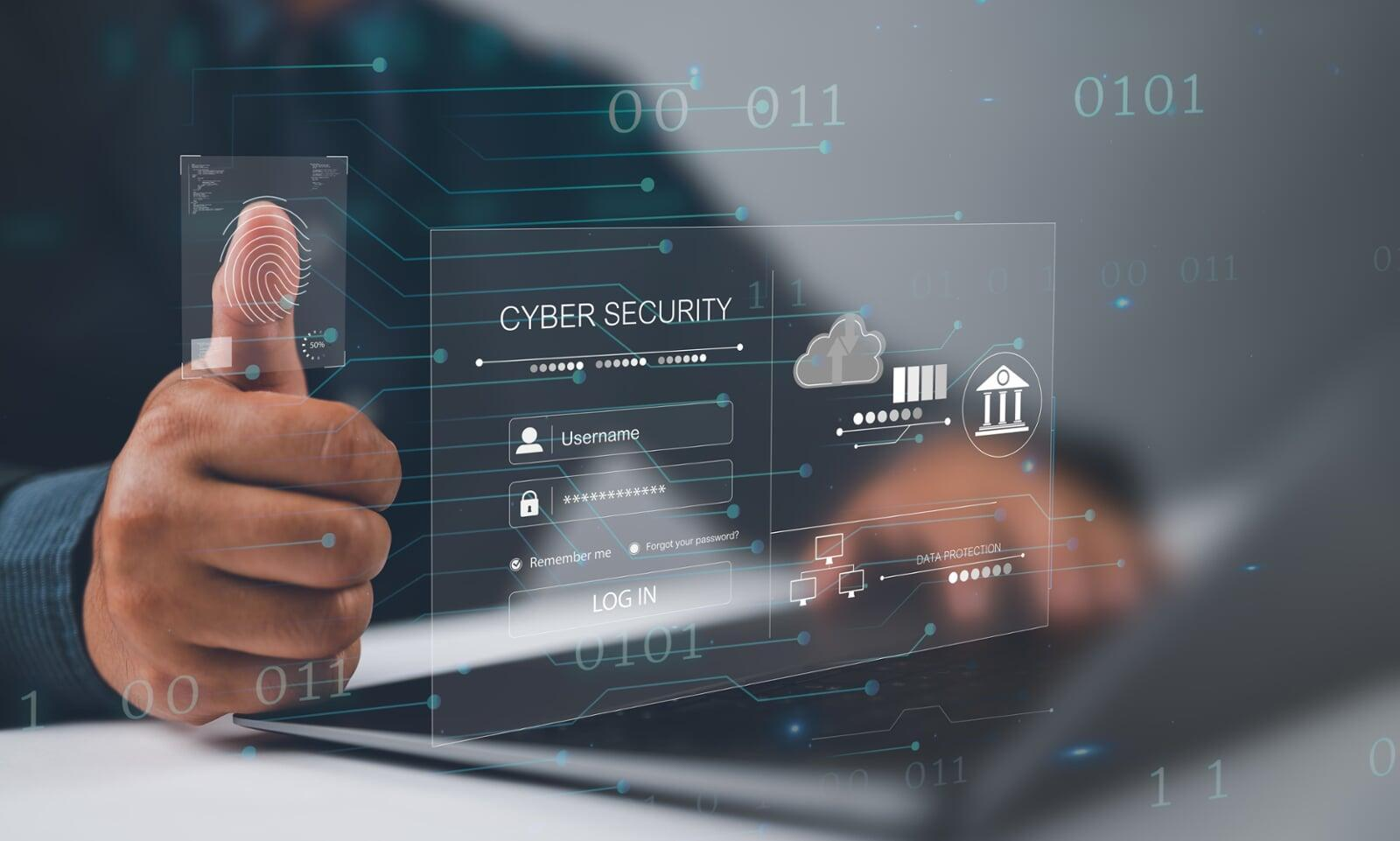 Hand with thumbs-up and glowing digital fingerprint scan and login screen, symbolizing the high security of MFA for small business.