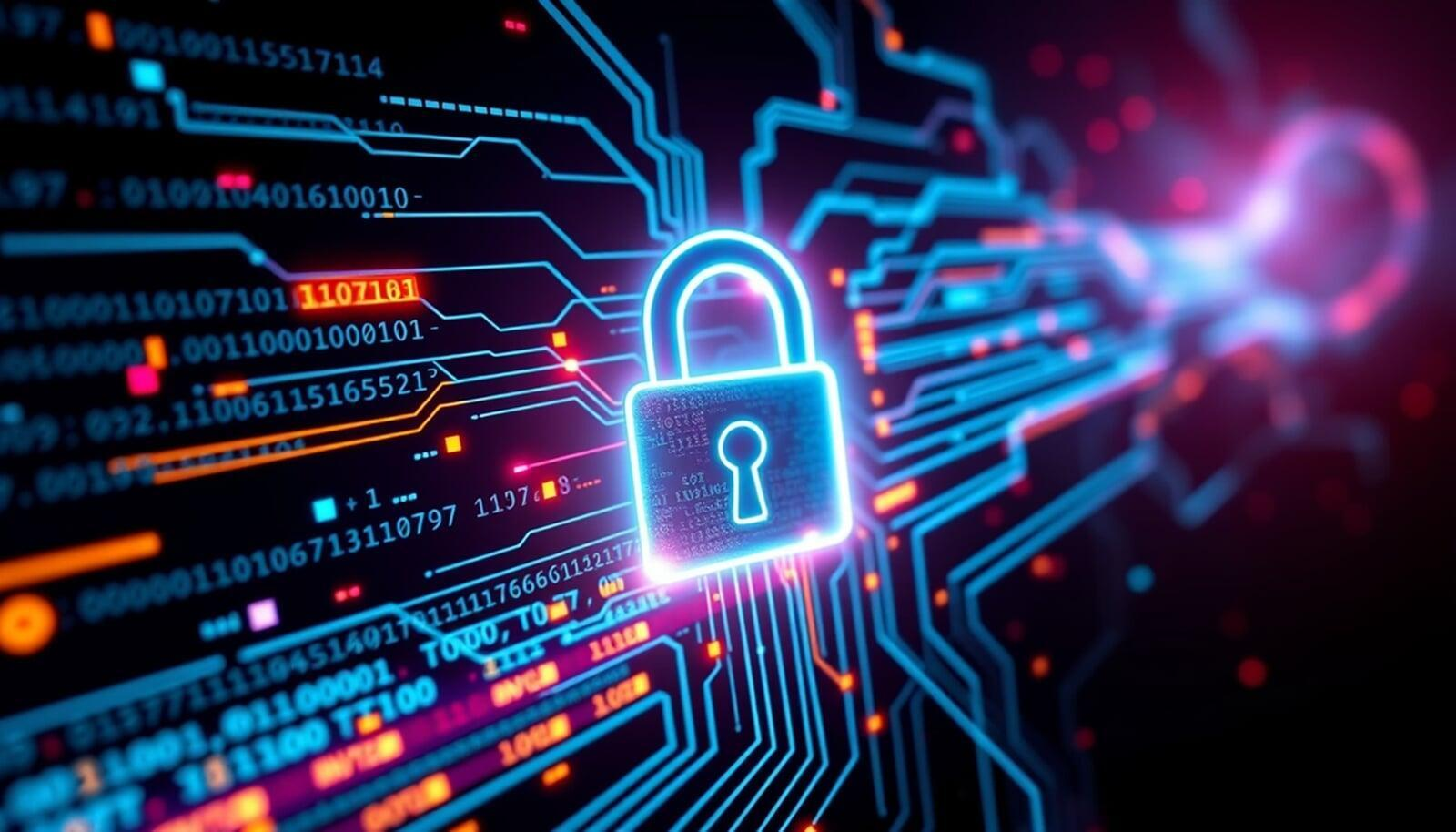 Glowing blue padlock over a circuit board, symbolizing the cryptographic foundation of Data Encryption Best Practices.