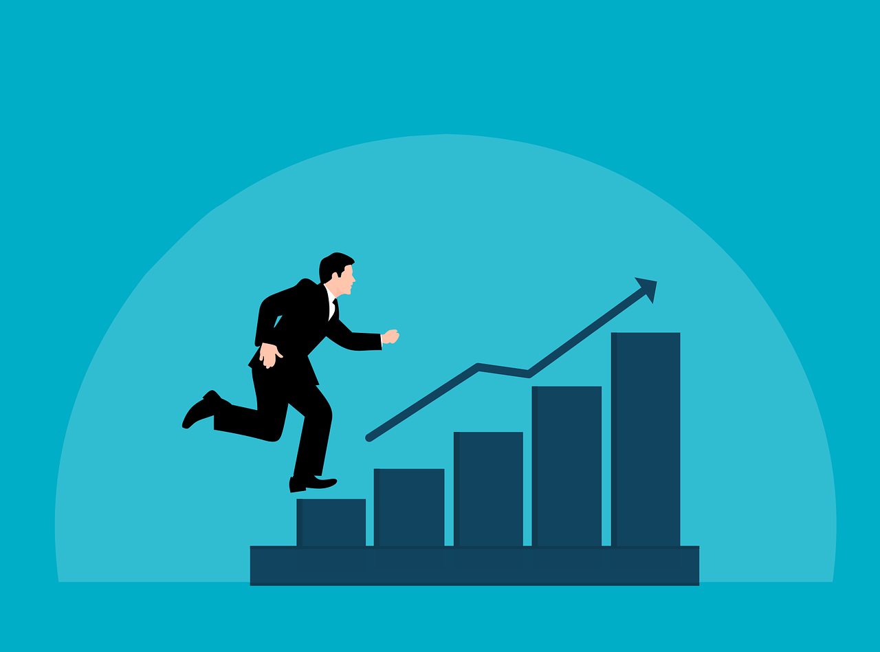 Illustration of a businessman running up a bar chart, symbolizing business growth driven by an effective IT strategy for small business.