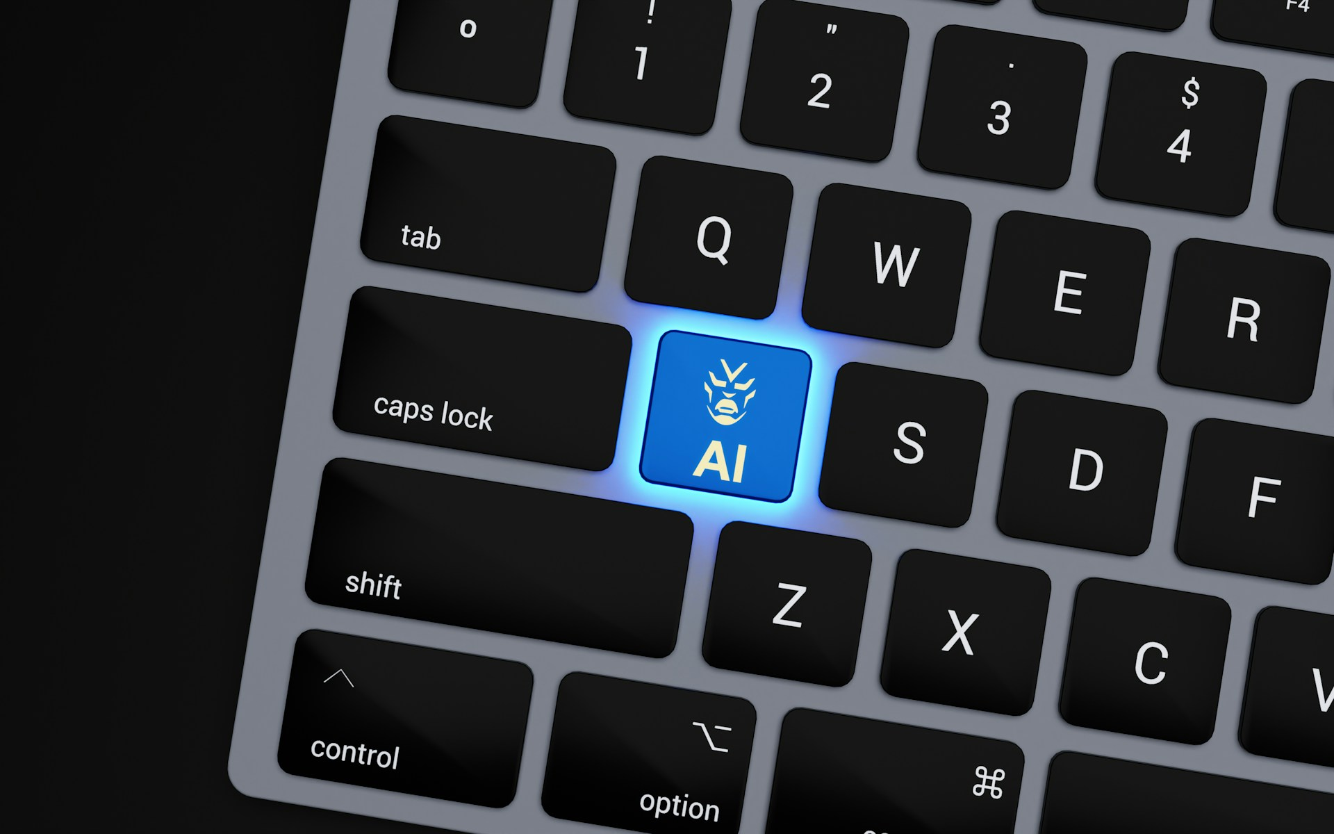 Close-up of a keyboard with a glowing blue "AI" key, representing the activation of secure AI adoption.