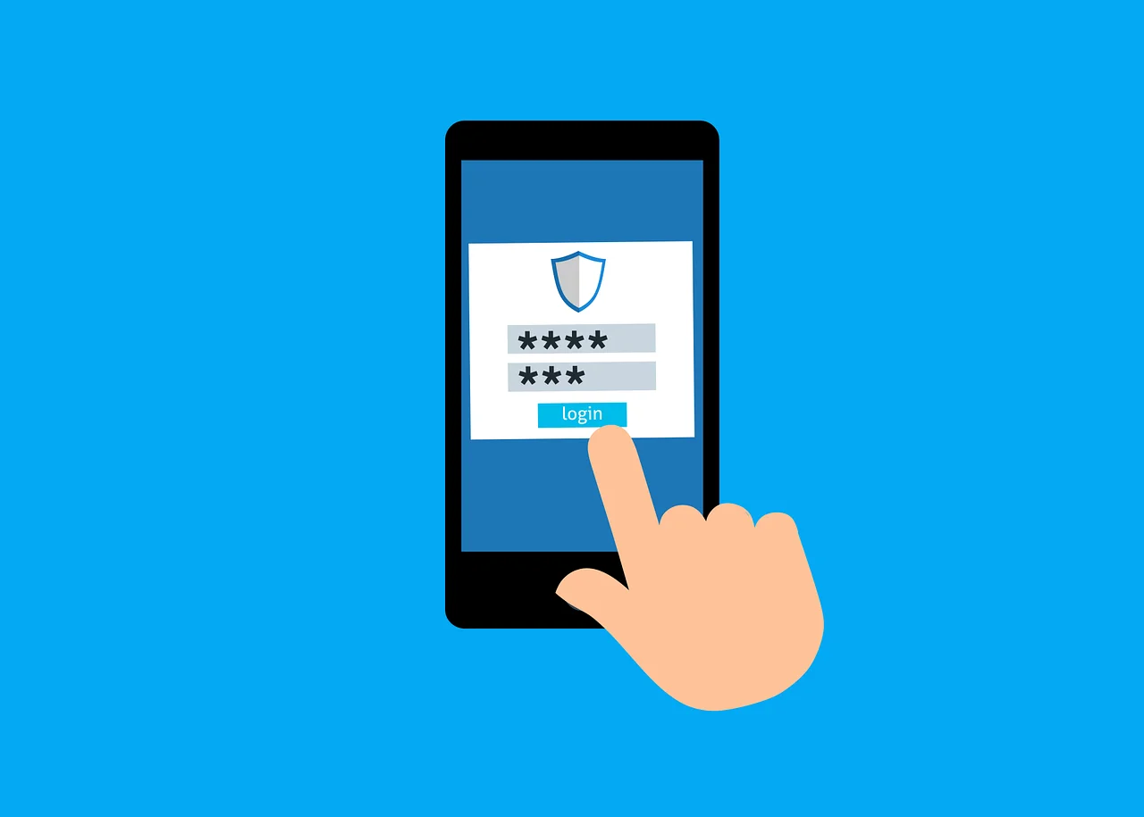 A hand pressing a login button on a smartphone with a security shield and encrypted password fields, demonstrating how to use a password manager for online shopping.