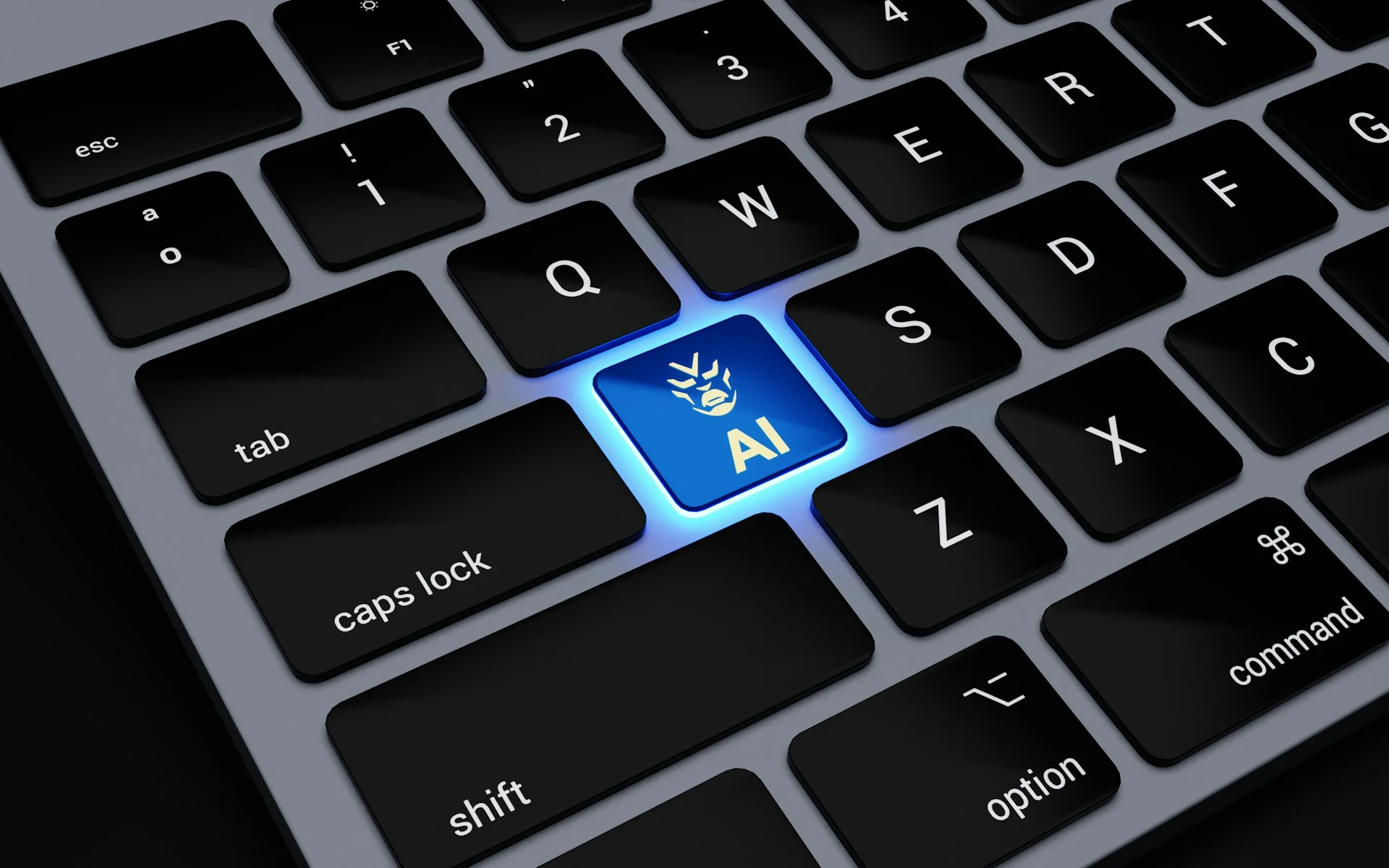 A close-up of a sleek black keyboard with a glowing blue key labeled "AI," illustrating how businesses can prevent data leaks with AI tools.