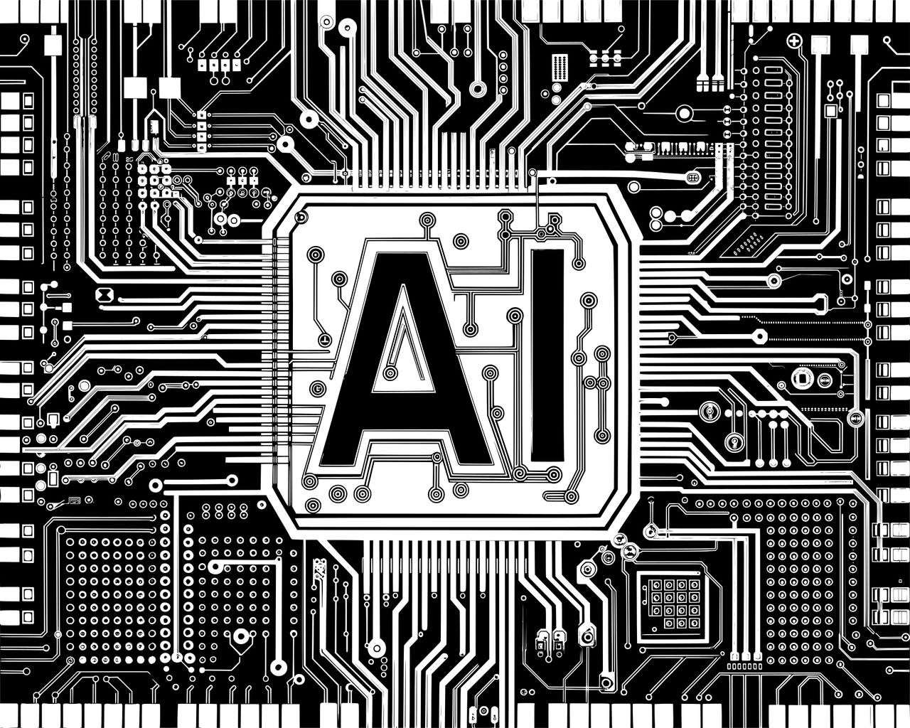 A black and white digital circuit board pattern centered on an "AI" processor chip, representing the deep systems review of a Microsoft 365 Copilot audit.
