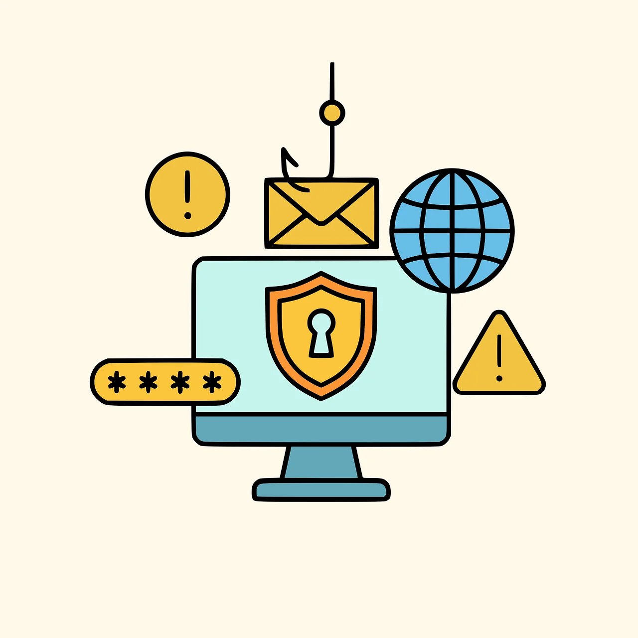 A computer monitor with a security shield, a phishing hook over an email, and warning icons, representing the digital deception used in an AI voice cloning scam.