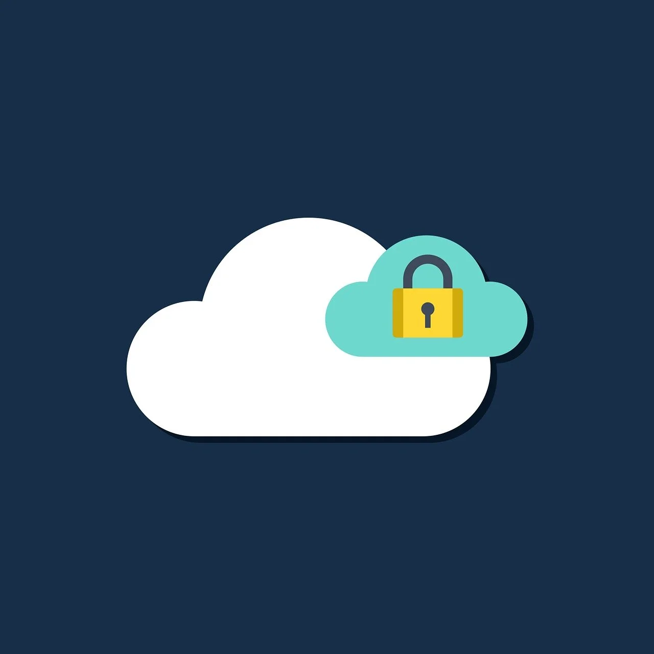 White cloud with a yellow padlock in a smaller teal cloud, symbolizing the protection verified by a daily cloud security checklist.