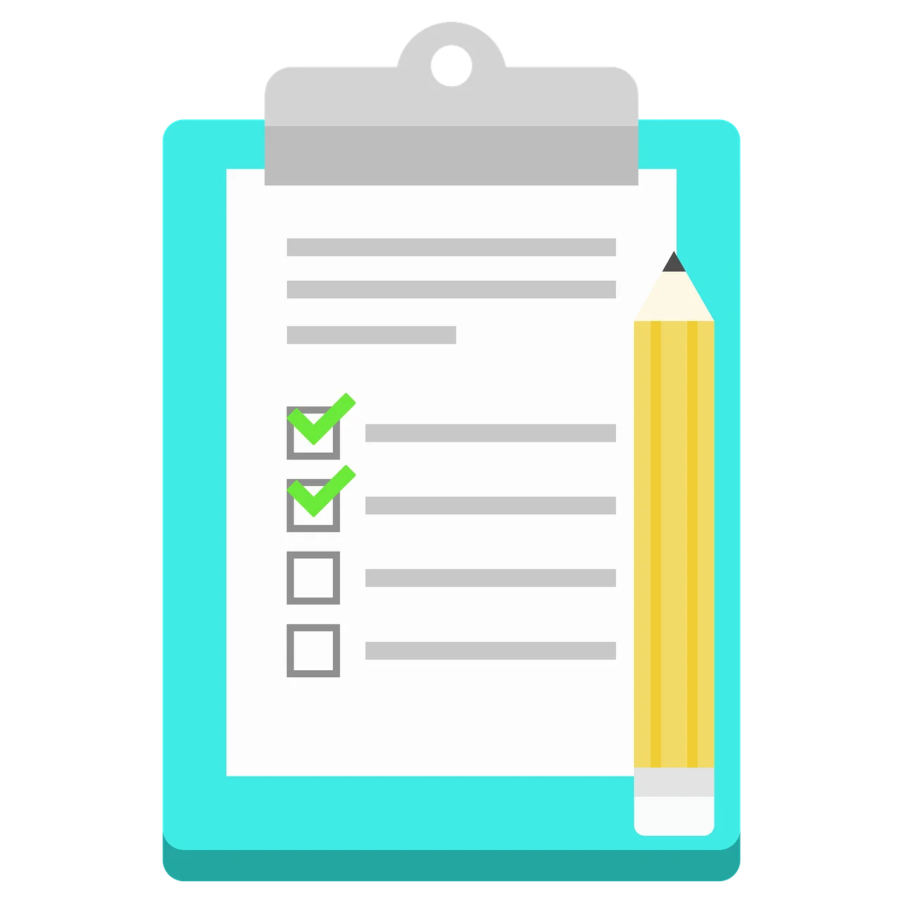 Clipboard with two green checkmarks and two empty boxes next to a yellow pencil, symbolizing the completed steps of a remote work security checklist.