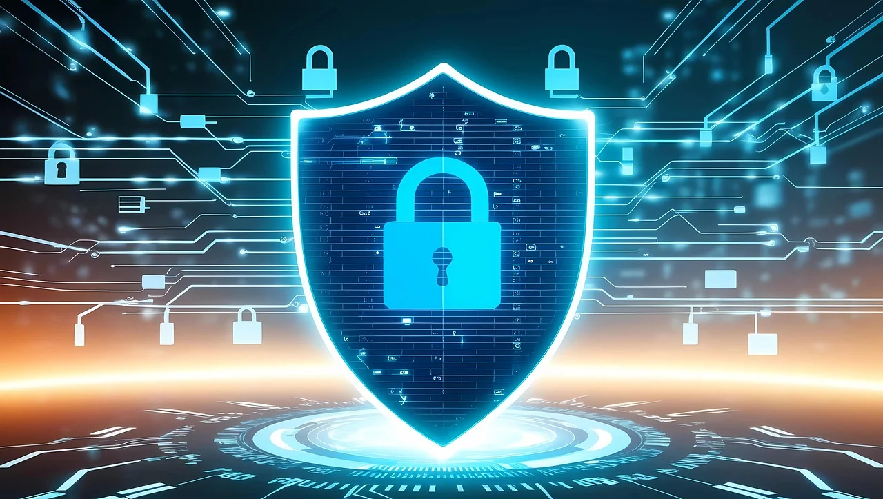 A glowing digital shield with a padlock, surrounded by verified browser icons, illustrating a comprehensive browser extension security check.
