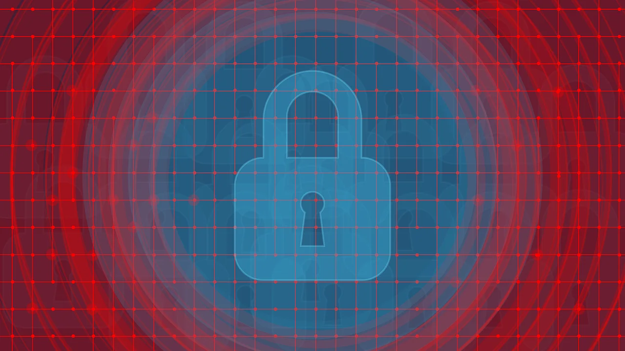A blue padlock icon centered on a digital grid with red circular pulses, representing the protective barriers of a clean desk policy remote work security framework.