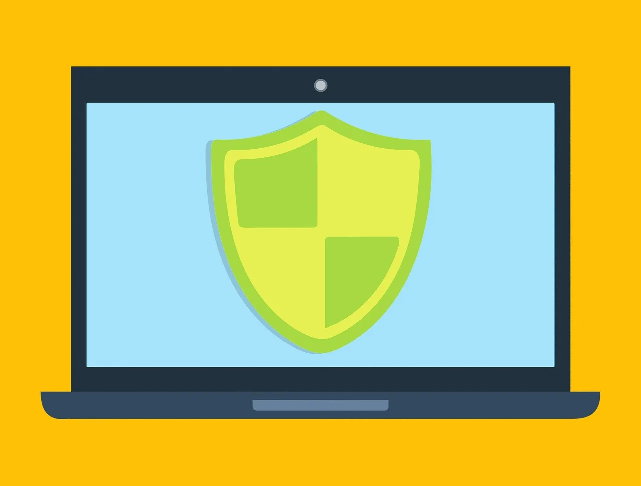 A laptop displaying a green security shield icon on a bright yellow background, representing endpoint security software blocking malicious links from LinkedIn phishing scams.