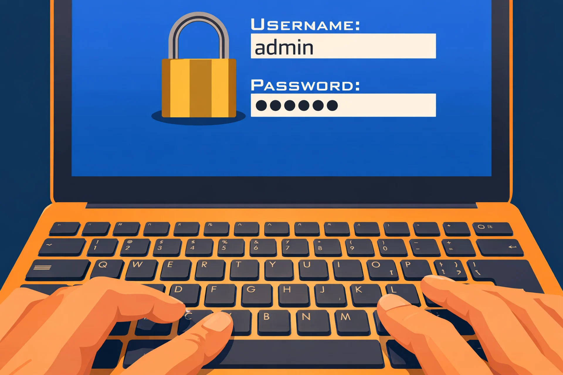 An illustration of hands typing credentials into a classic laptop login screen displaying a padlock, username admin, and hidden password field, highlighting the baseline replaced by a passkey migration.