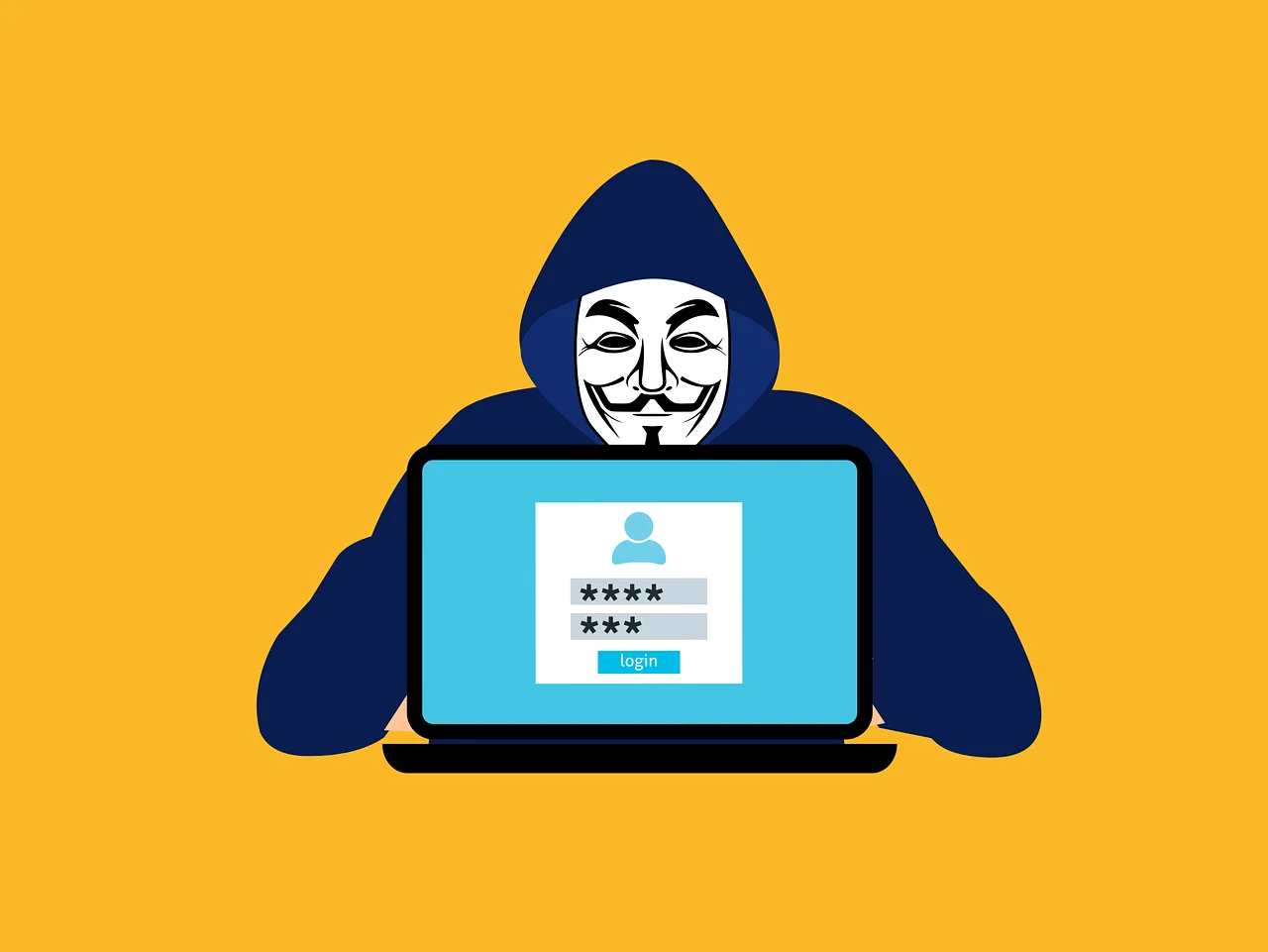 A graphic of a masked hacker in a dark hoodie positioned behind a laptop with a login screen, illustrating the data-scraping threats blocked by a routine browser extension security check.