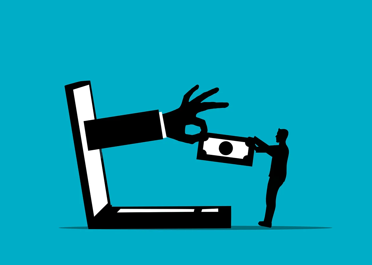 A graphic silhouette showing a giant hand reaching out of a laptop screen to take a banknote from a person, illustrating scalable financial extraction via AI-enhanced fraud.
