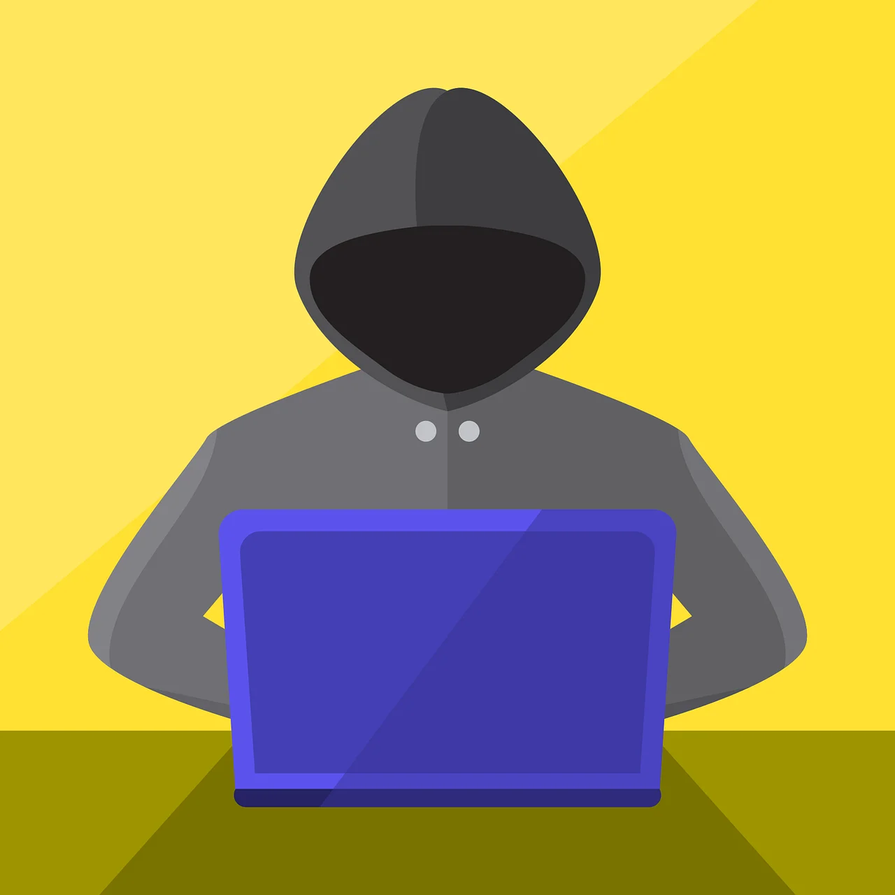 A vector illustration of a faceless hacker wearing a grey hoodie sitting behind a purple laptop on a bright yellow background, symbolizing external threats capitalizing on human cybersecurity risk.