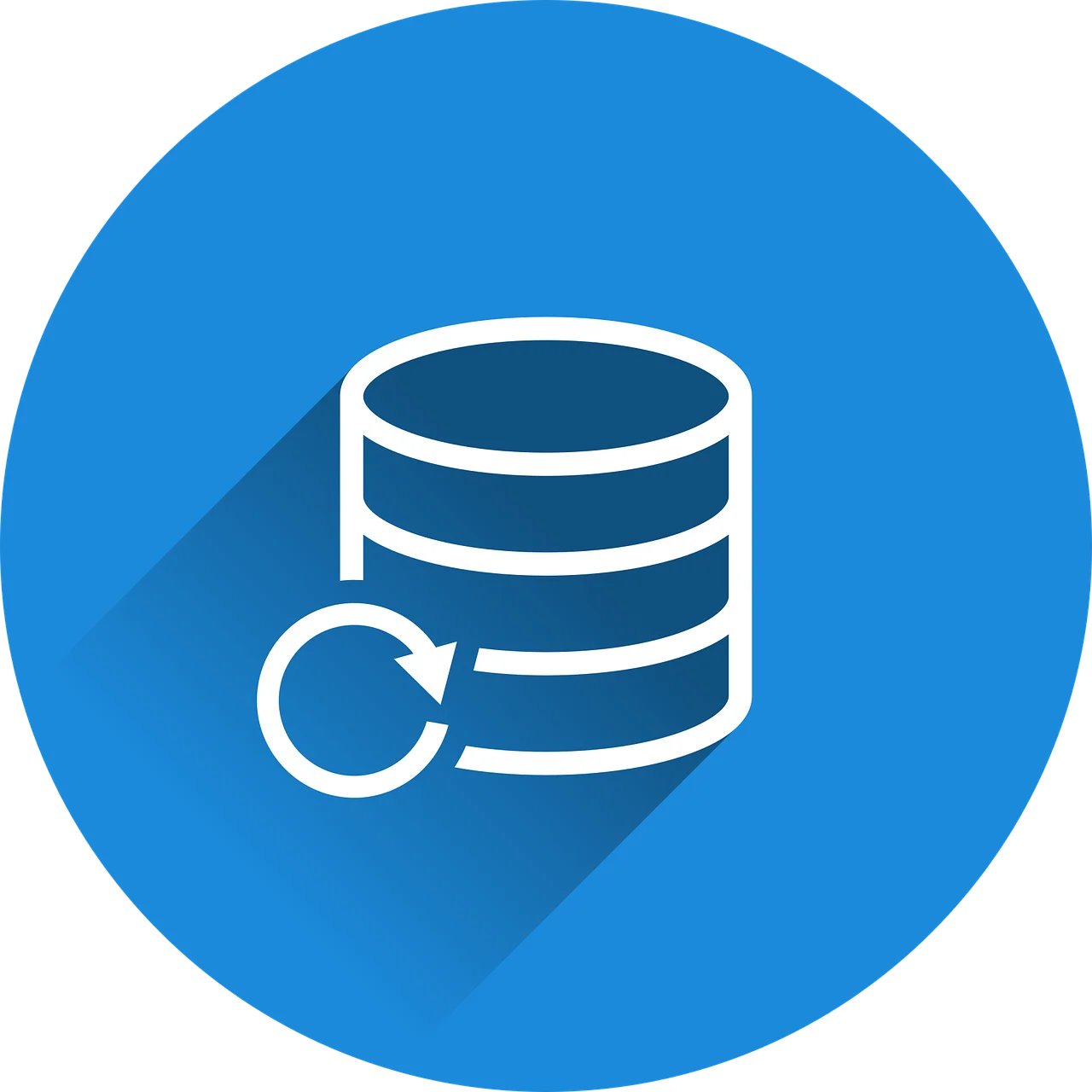 A flat vector icon featuring a white database cylinder and a circular refresh arrow inside a blue circle, symbolizing secure data retention and an immutable backup setup.