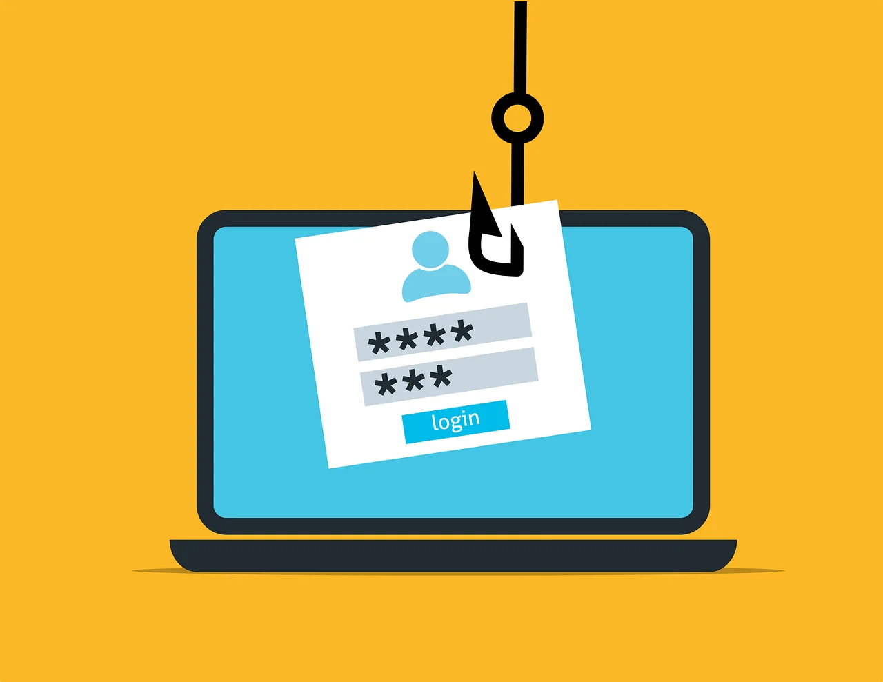 A graphic illustration showing a large black fishing hook intercepting a login page on a laptop screen against a yellow background, demonstrating the security gaps closed by a comprehensive employee offboarding checklist.