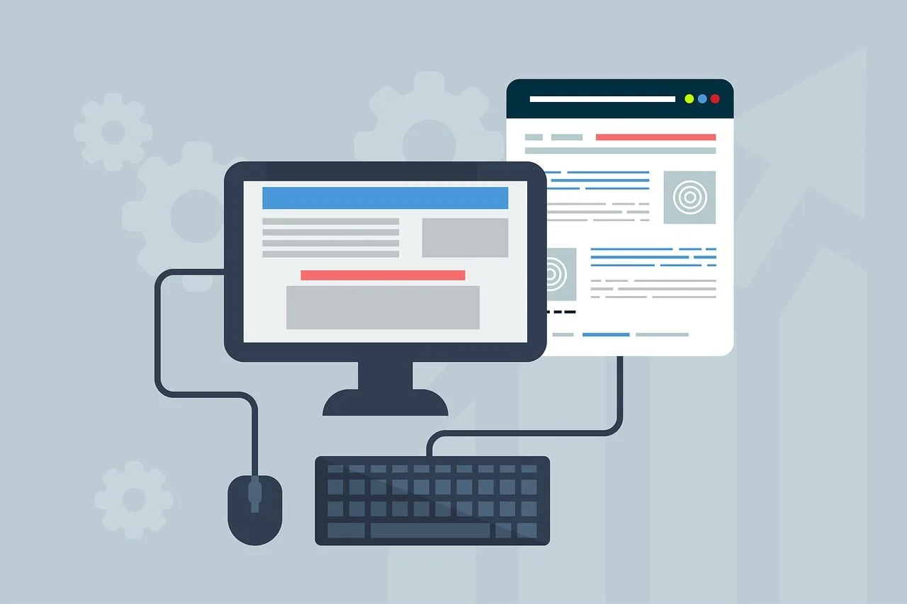 desktop computer setup displaying a web layout alongside a browser window, illustrating user interface design and WordPress Website Security.