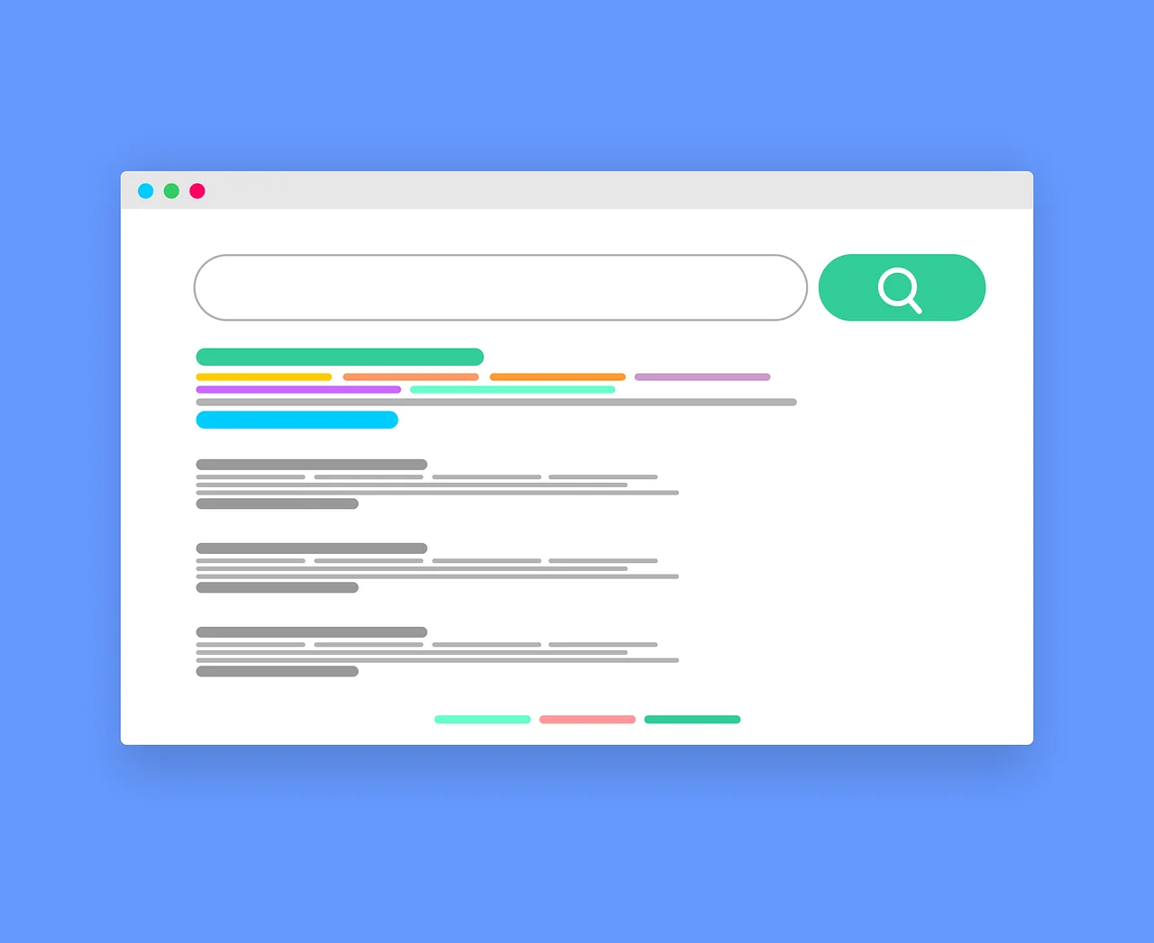 A search engine results page with a search bar and highlighted top listings, illustrating search ads and Malvertising.